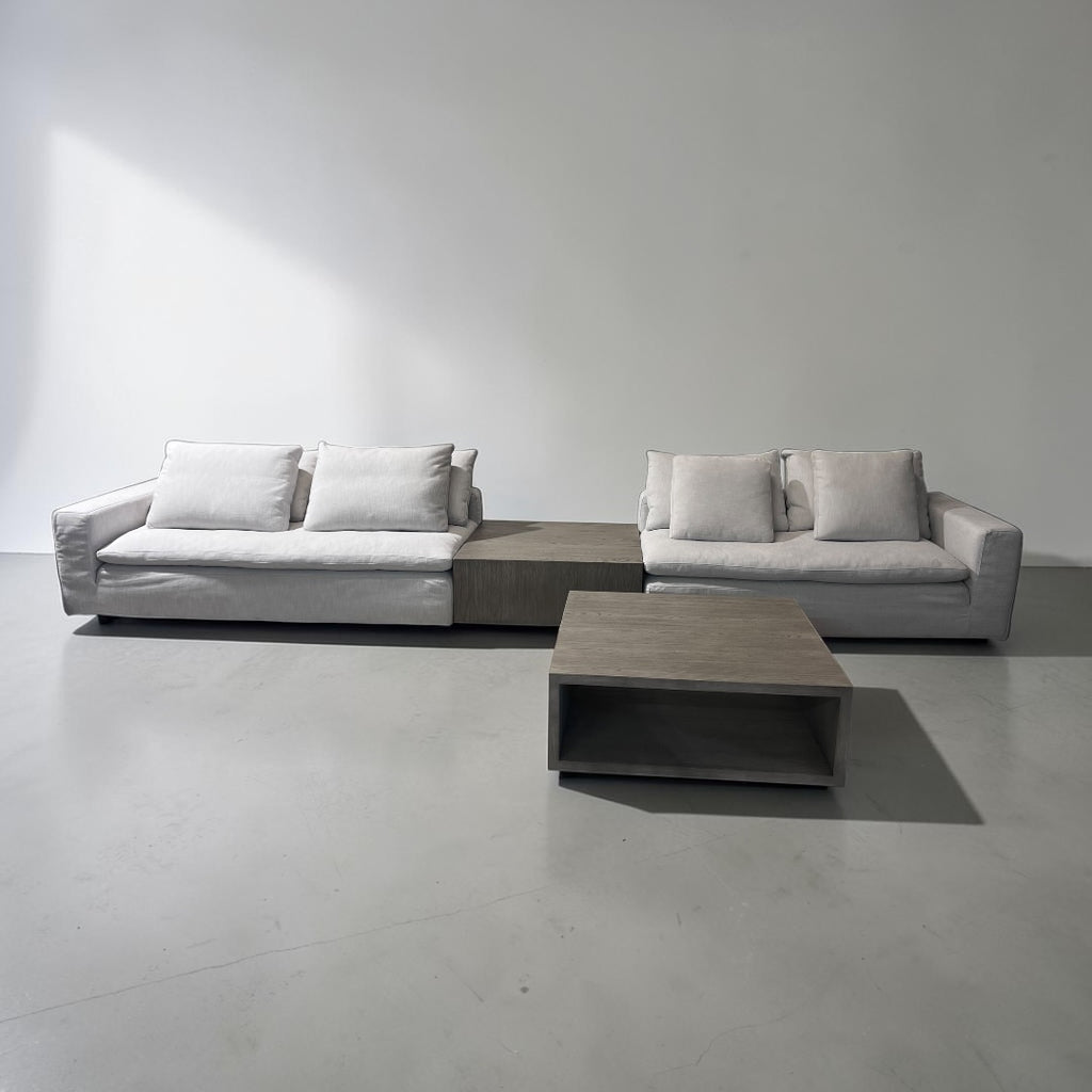 Restoration RH Cloud 2 Piece Sectional with Plinth Table pass through and Open Square Coffee Table, Down Blend Cushions in White Performance Linen Weave