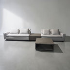 Restoration RH Cloud 2 Piece Sectional with Plinth Table pass through and Open Square Coffee Table, Down Blend Cushions in White Performance Linen Weave
