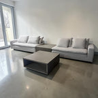 Restoration RH Cloud 2 Piece Sectional with Plinth Table pass through and Open Square Coffee Table, Down Blend Cushions in White Performance Linen Weave