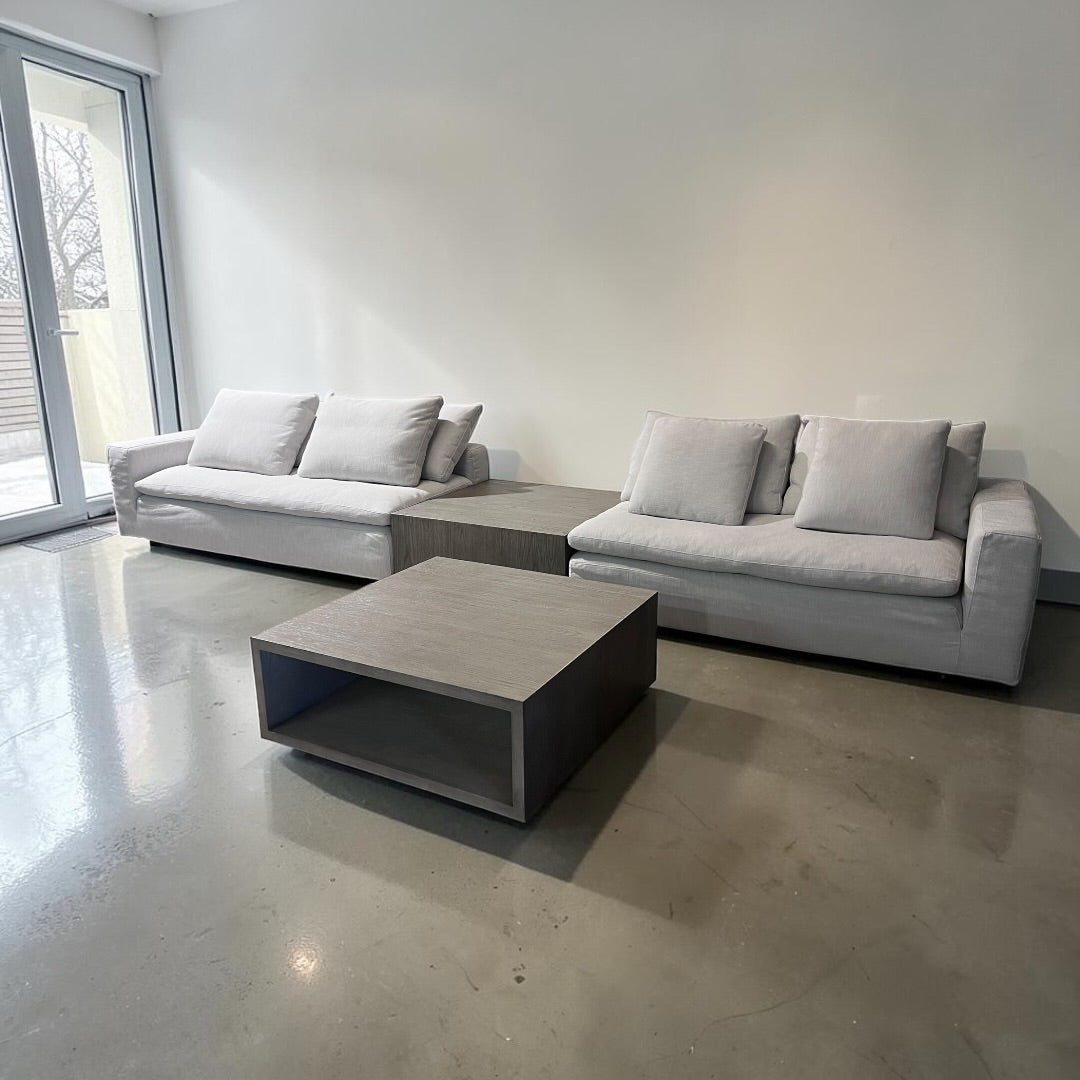 Restoration RH Cloud 2 Piece Sectional with Plinth Table pass through and Open Square Coffee Table, Down Blend Cushions in White Performance Linen Weave