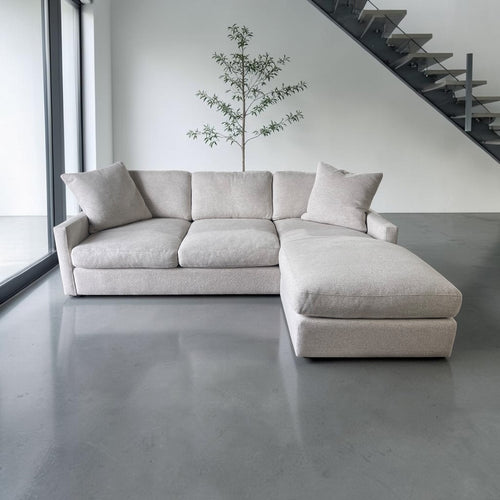 Room & Board 91” Linger Deep 43” seating, 2 Piece, Reversible Chaise Sofa Sectional. Heavy Down Blend Cushions in Declan Ivory