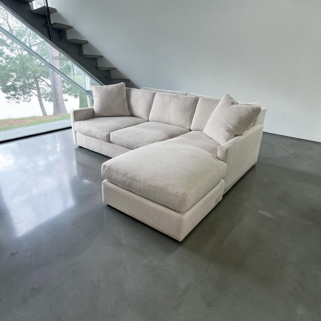 Room & Board 91” Linger Deep 43” seating, 2 Piece, Reversible Chaise Sofa Sectional. Heavy Down Blend Cushions in Declan Ivory