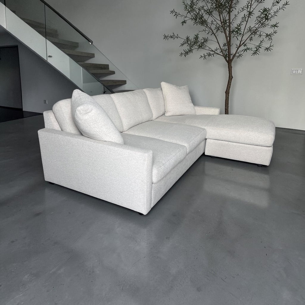 Room & Board 91” Linger Deep 43” seating, 2 Piece, Reversible Chaise Sofa Sectional. Heavy Down Blend Cushions in Declan Ivory