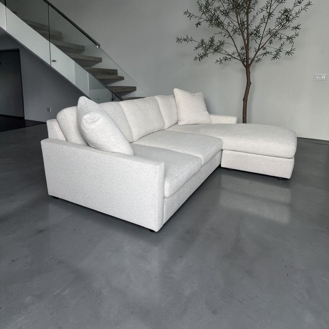 Room & Board 91” Linger Deep 43” seating, 2 Piece, Reversible Chaise Sofa Sectional. Heavy Down Blend Cushions in Declan Ivory