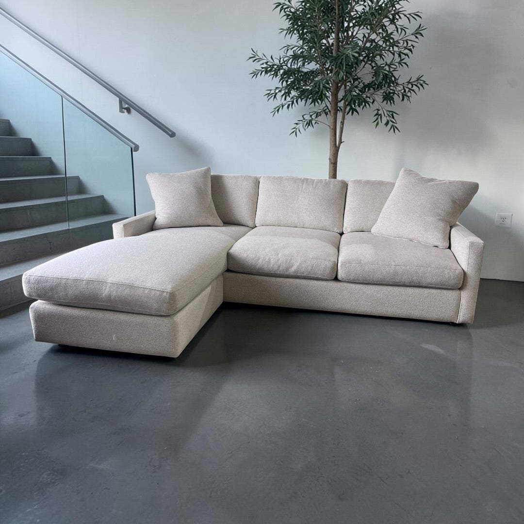 Room & Board 91” Linger Deep 43” seating, 2 Piece, Reversible Chaise Sofa Sectional. Heavy Down Blend Cushions in Declan Ivory