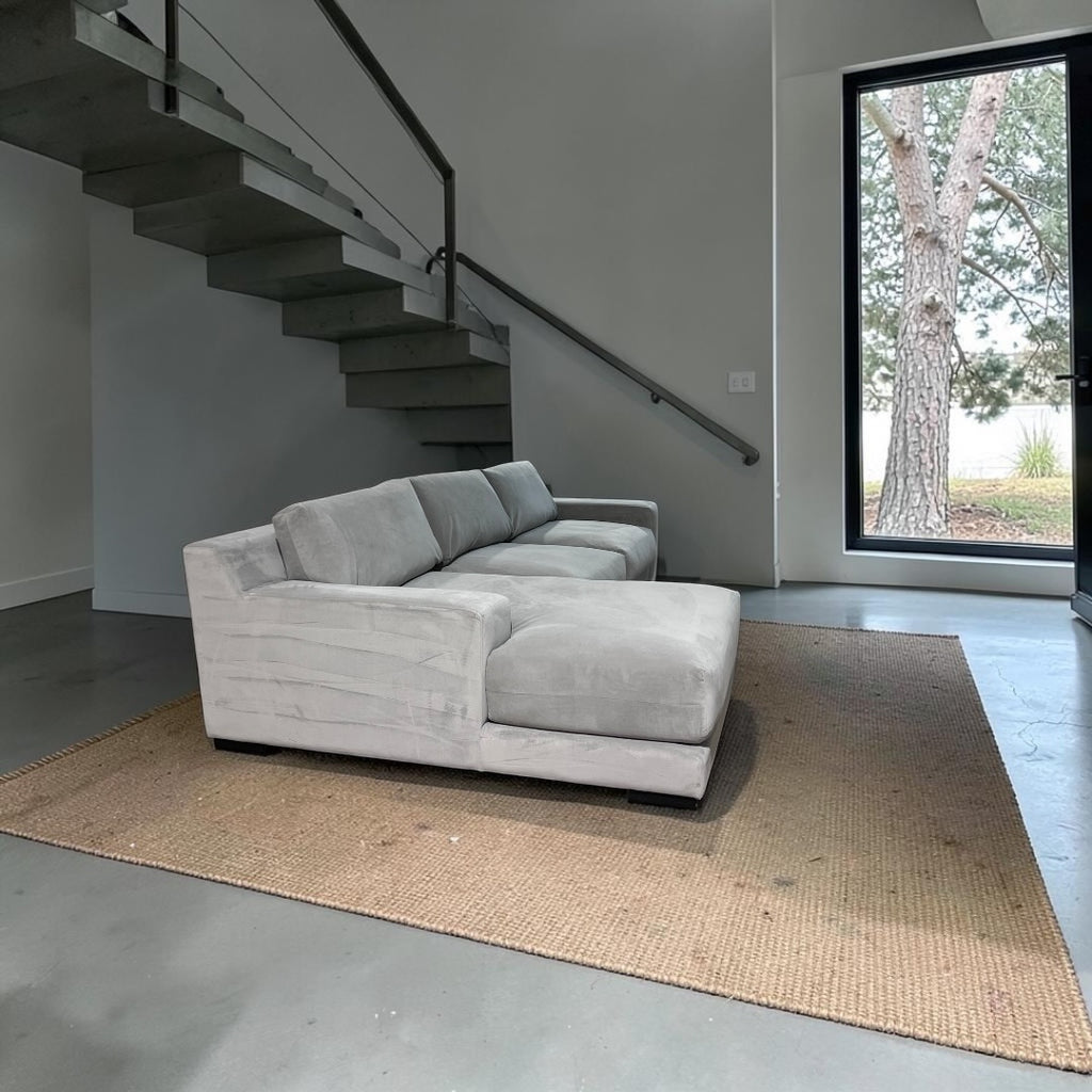 West Elm Dalton 121” 2-Piece Deep seating Sofa Chaise Sectional, Down Blend in Silver, Performance Velvet