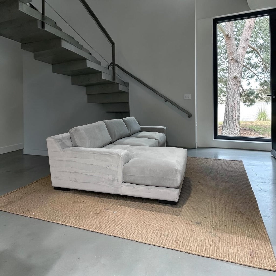 West Elm Dalton 121” 2-Piece Deep seating Sofa Chaise Sectional, Down Blend in Silver, Performance Velvet