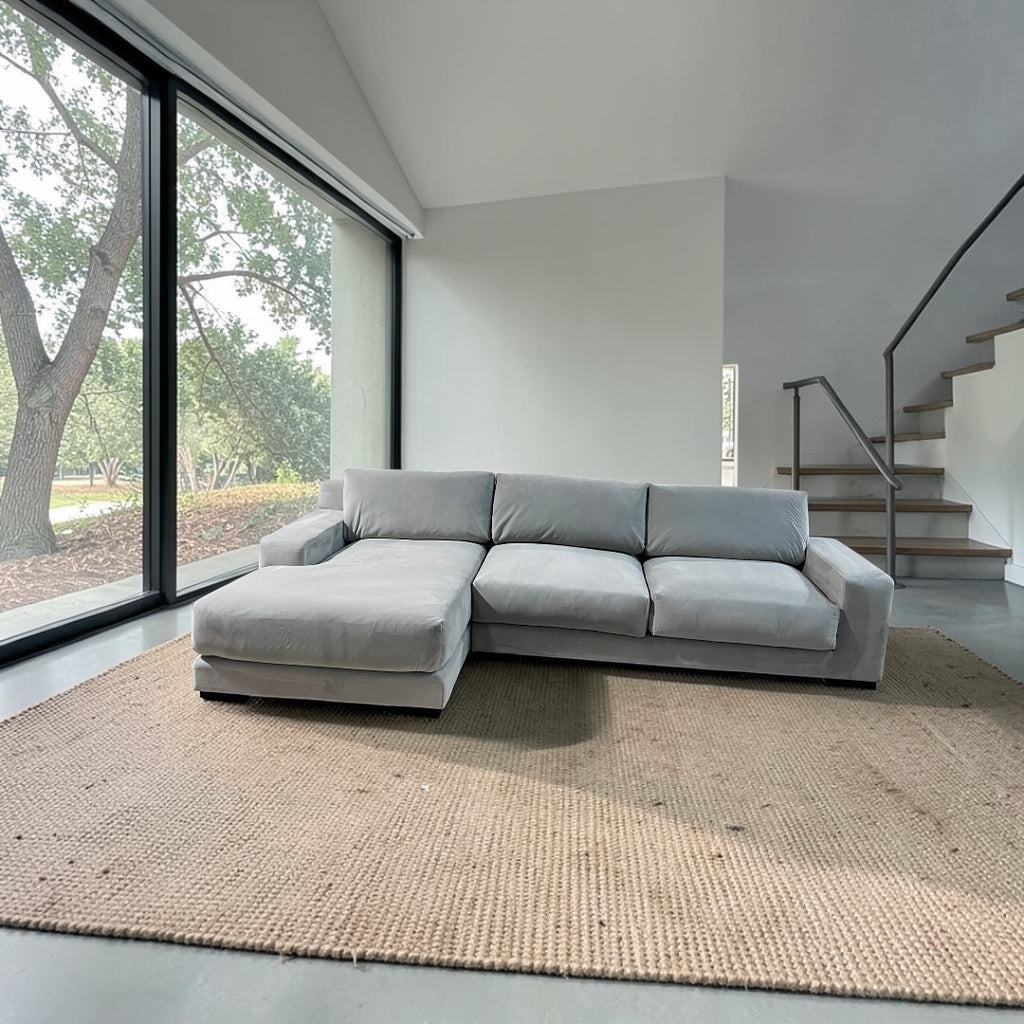 West Elm Dalton 121” 2-Piece Deep seating Sofa Chaise Sectional, Down Blend in Silver, Performance Velvet