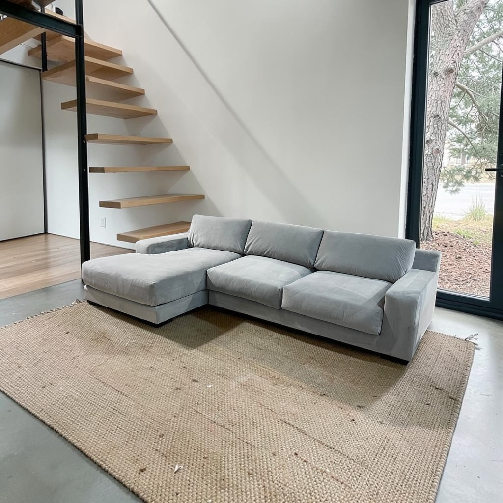 West Elm Dalton 121” 2-Piece Deep seating Sofa Chaise Sectional, Down Blend in Silver, Performance Velvet