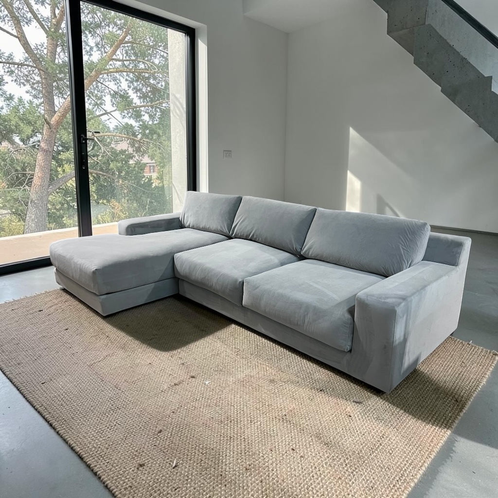 West Elm Dalton 121” 2-Piece Deep seating Sofa Chaise Sectional, Down Blend in Silver, Performance Velvet