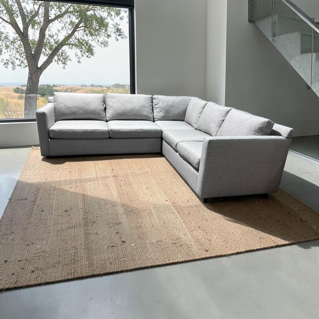 Crate & Barrel 102.5” Barrett 3-Piece L-Shaped Sectional Sofa, Down Blend Cushions in Galaxy Ice Linen Basketweave