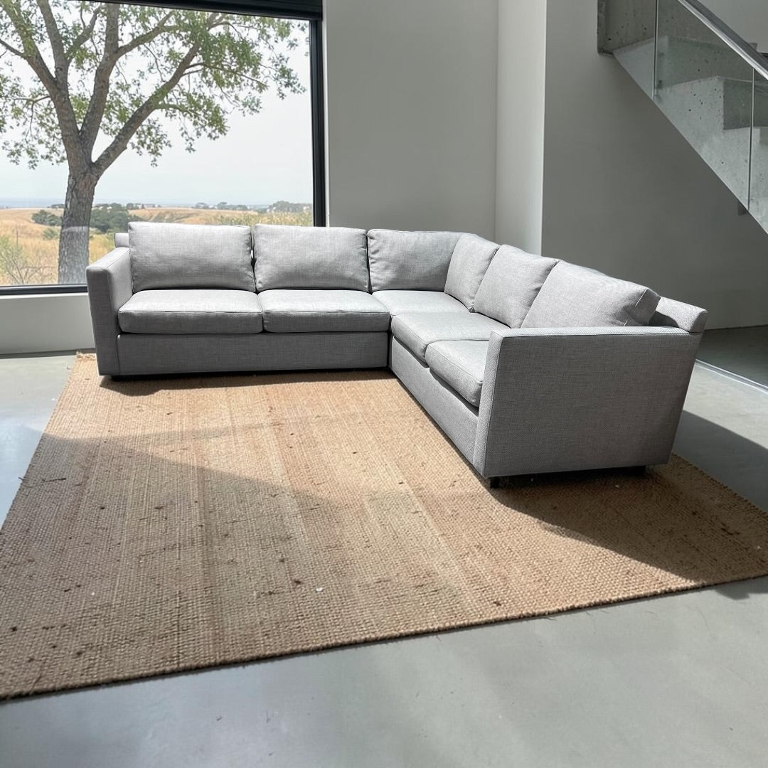 Crate & Barrel 102.5” Barrett 3-Piece L-Shaped Sectional Sofa, Down Blend Cushions in Galaxy Ice Linen Basketweave
