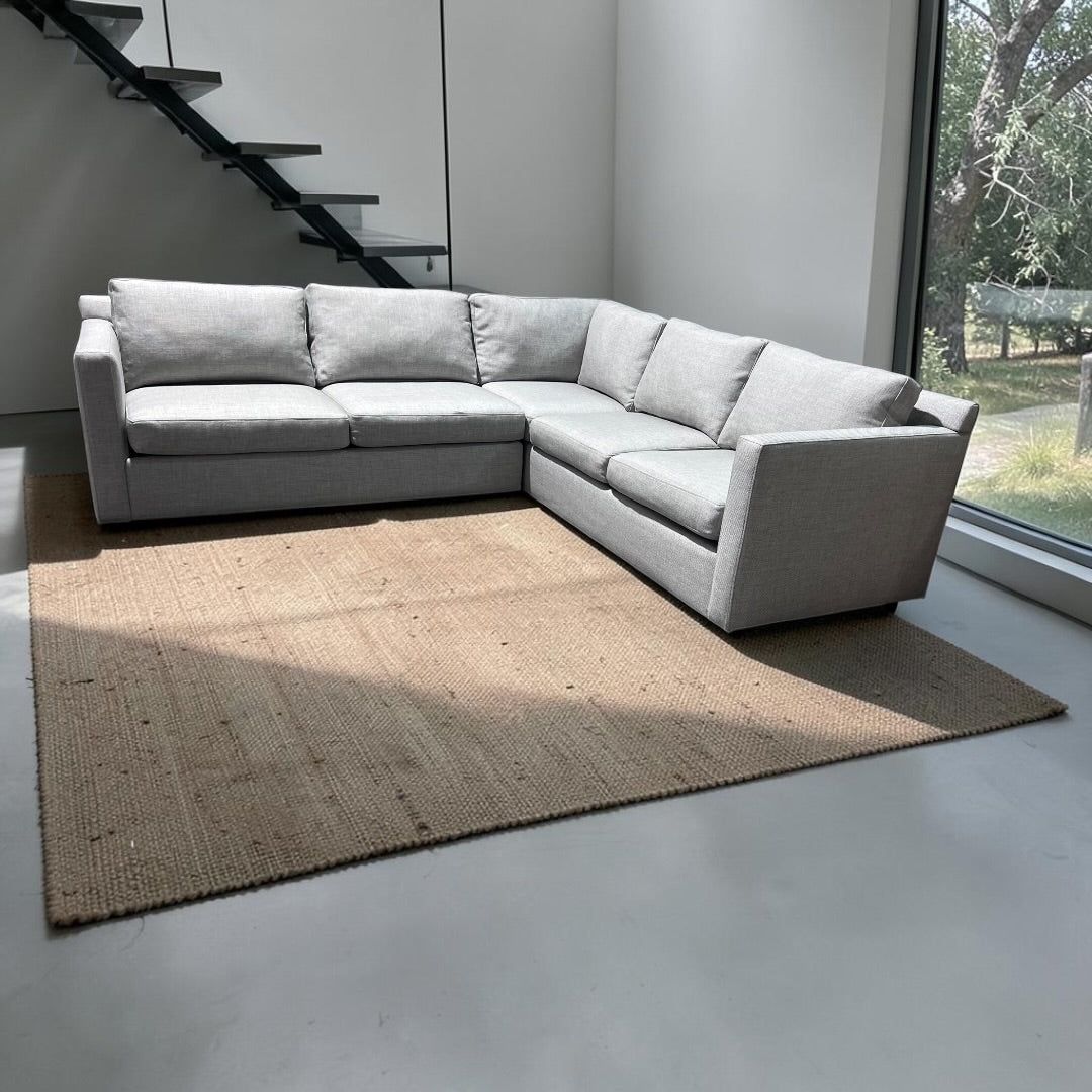 Crate & Barrel 102.5” Barrett 3-Piece L-Shaped Sectional Sofa, Down Blend Cushions in Galaxy Ice Linen Basketweave