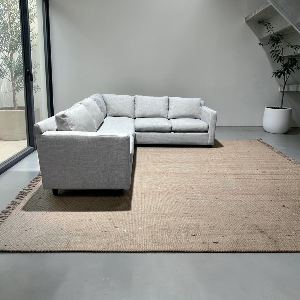 Crate & Barrel 102.5” Barrett 3-Piece L-Shaped Sectional Sofa, Down Blend Cushions in Galaxy Ice Linen Basketweave