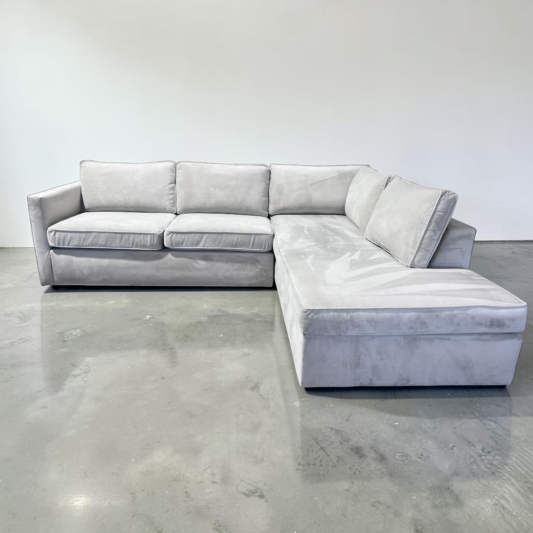 West Elm Harris 106” L Shape Sofa Chaise Sectional Down Blend in Stone Performance Velvet