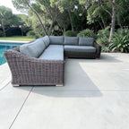 Restoration Hardware RH Provence Luxe Depth 123” x 98” Right Arm L Shape Outdoor Sectional Sofa, Perf Linen Weave and Outdoor All Weather Covers