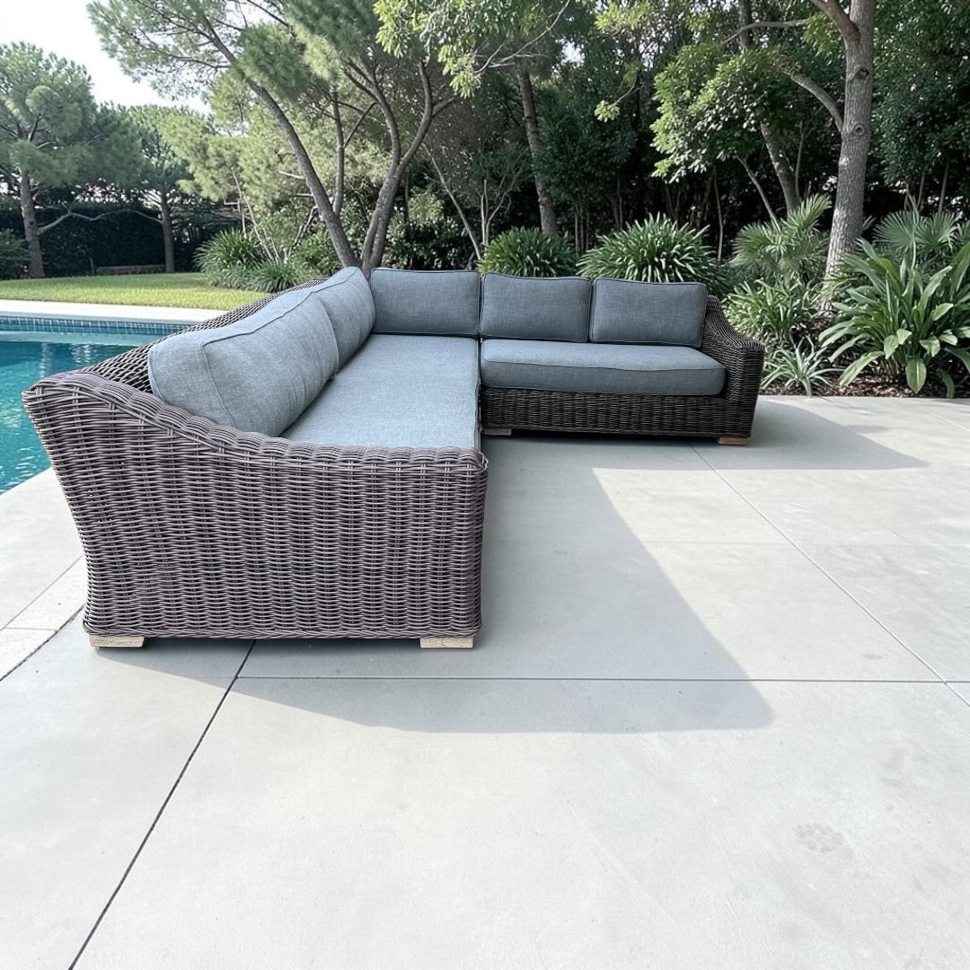 Restoration Hardware RH Provence Luxe Depth 123” x 98” Right Arm L Shape Outdoor Sectional Sofa, Perf Linen Weave and Outdoor All Weather Covers