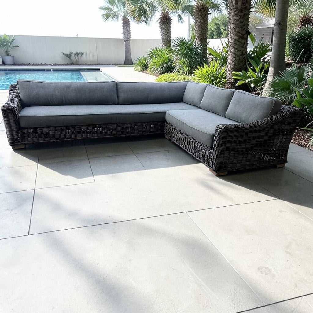 Restoration Hardware RH Provence Luxe Depth 123” x 98” Right Arm L Shape Outdoor Sectional Sofa, Perf Linen Weave and Outdoor All Weather Covers