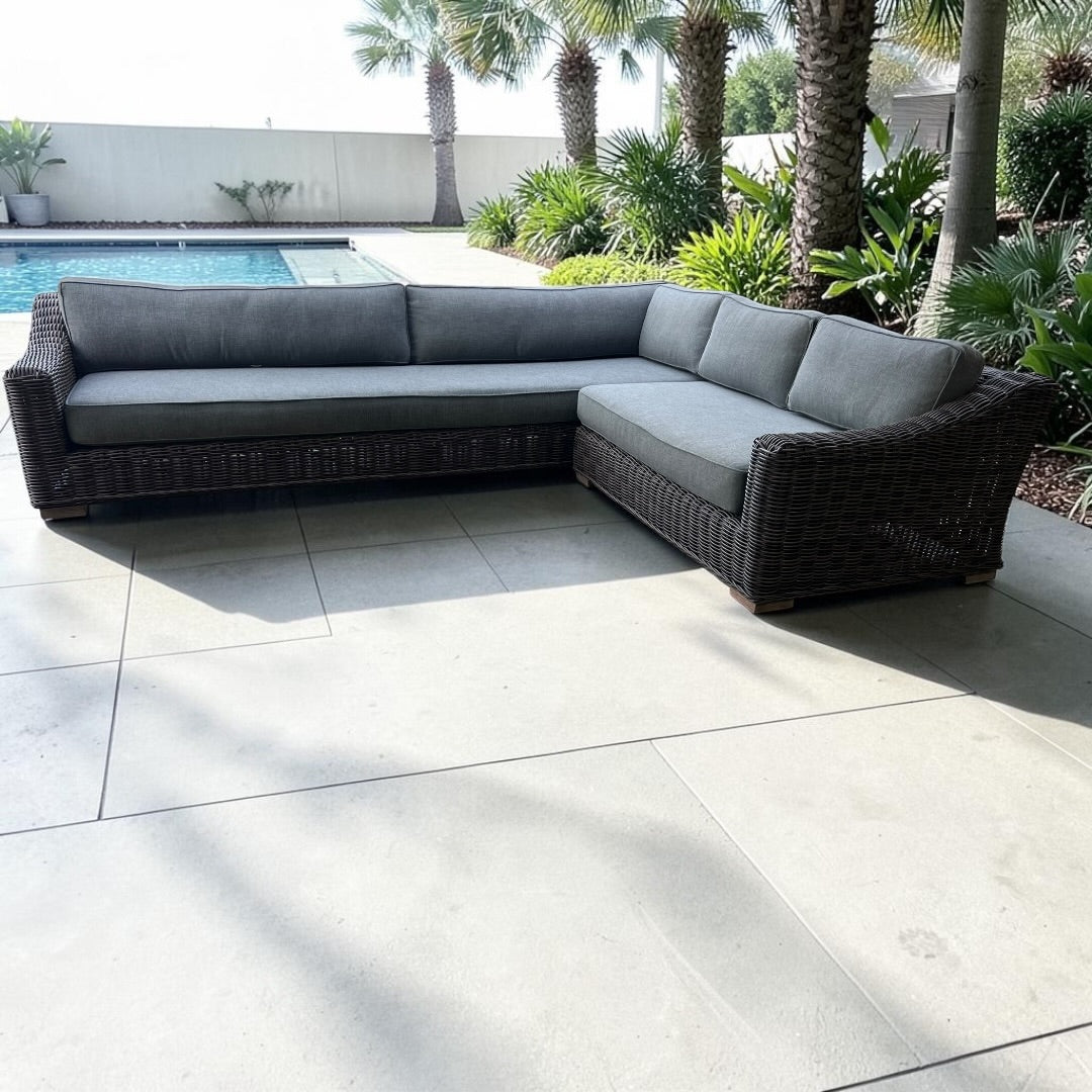 Restoration Hardware RH Provence Luxe Depth 123” x 98” Right Arm L Shape Outdoor Sectional Sofa, Perf Linen Weave and Outdoor All Weather Covers