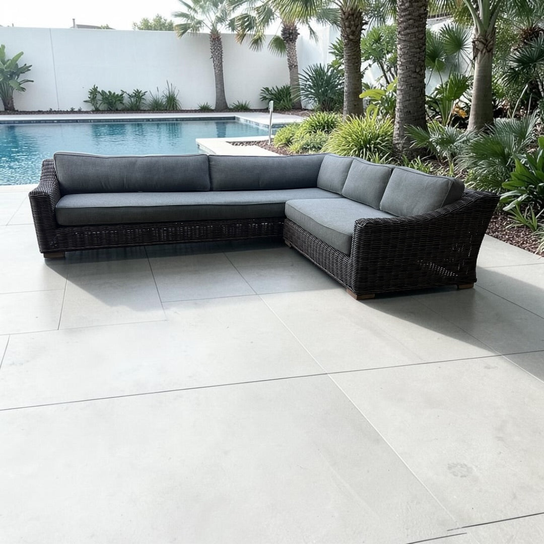 Restoration Hardware RH Provence Luxe Depth 123” x 98” Right Arm L Shape Outdoor Sectional Sofa, Perf Linen Weave and Outdoor All Weather Covers