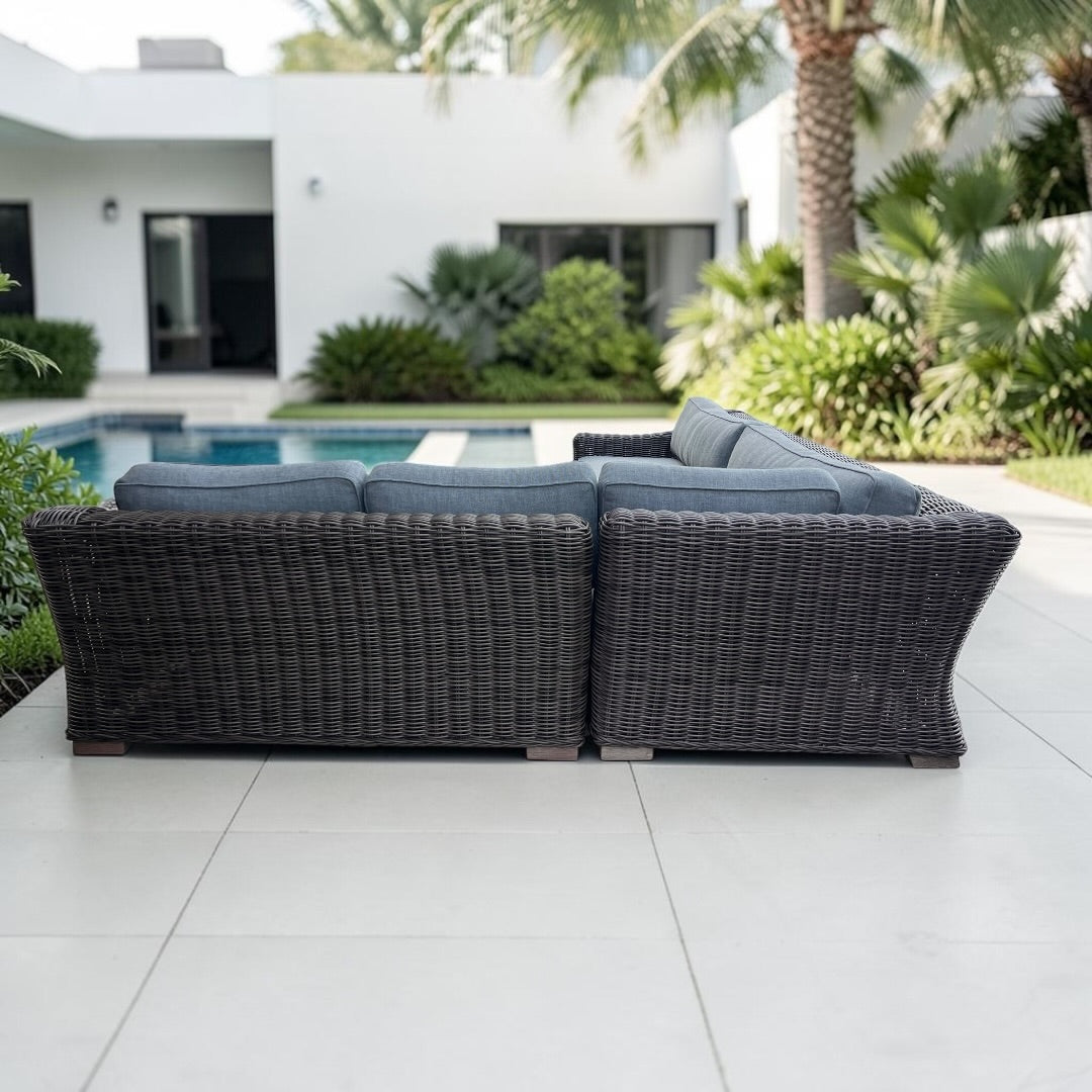 Restoration Hardware RH Provence Luxe Depth 123” x 98” Right Arm L Shape Outdoor Sectional Sofa, Perf Linen Weave and Outdoor All Weather Covers