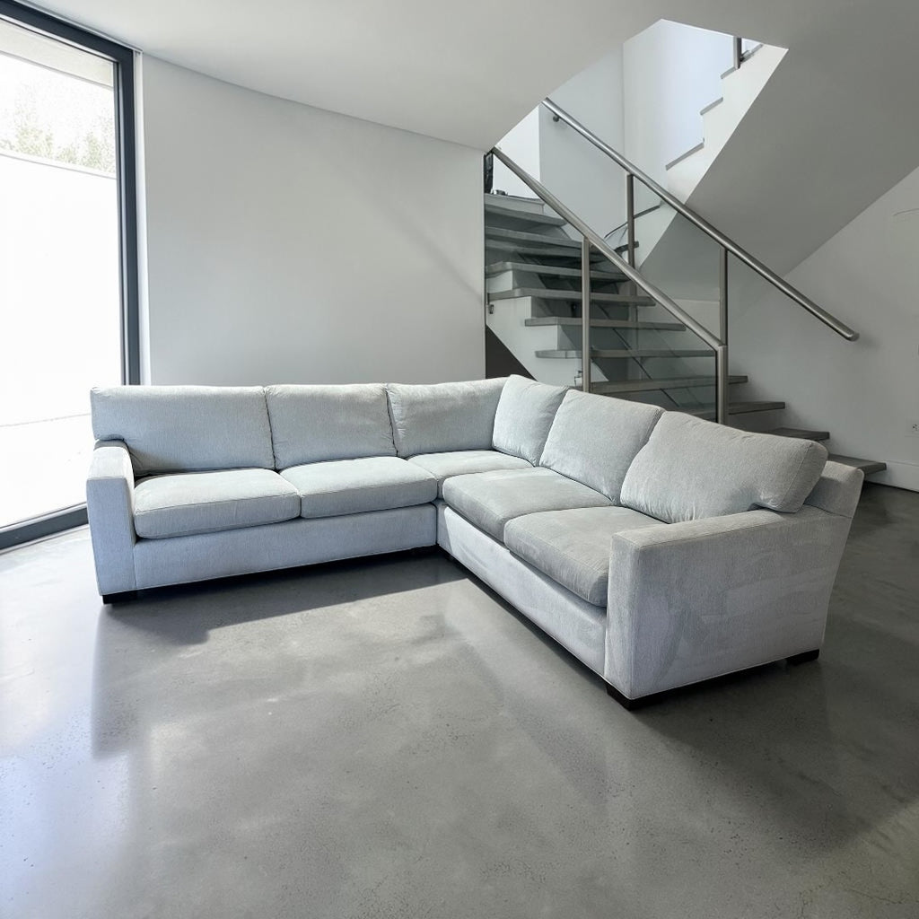 Crate & Barrel Axis113” 2 Piece, L Shape XL Deep Sofa Sectional w/ Ottoman, Down Blend Cushions in Synergy Haze Chenille