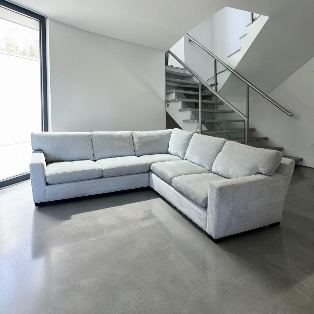 Crate & Barrel Axis113” 2 Piece, L Shape XL Deep Sofa Sectional w/ Ottoman, Down Blend Cushions in Synergy Haze Chenille