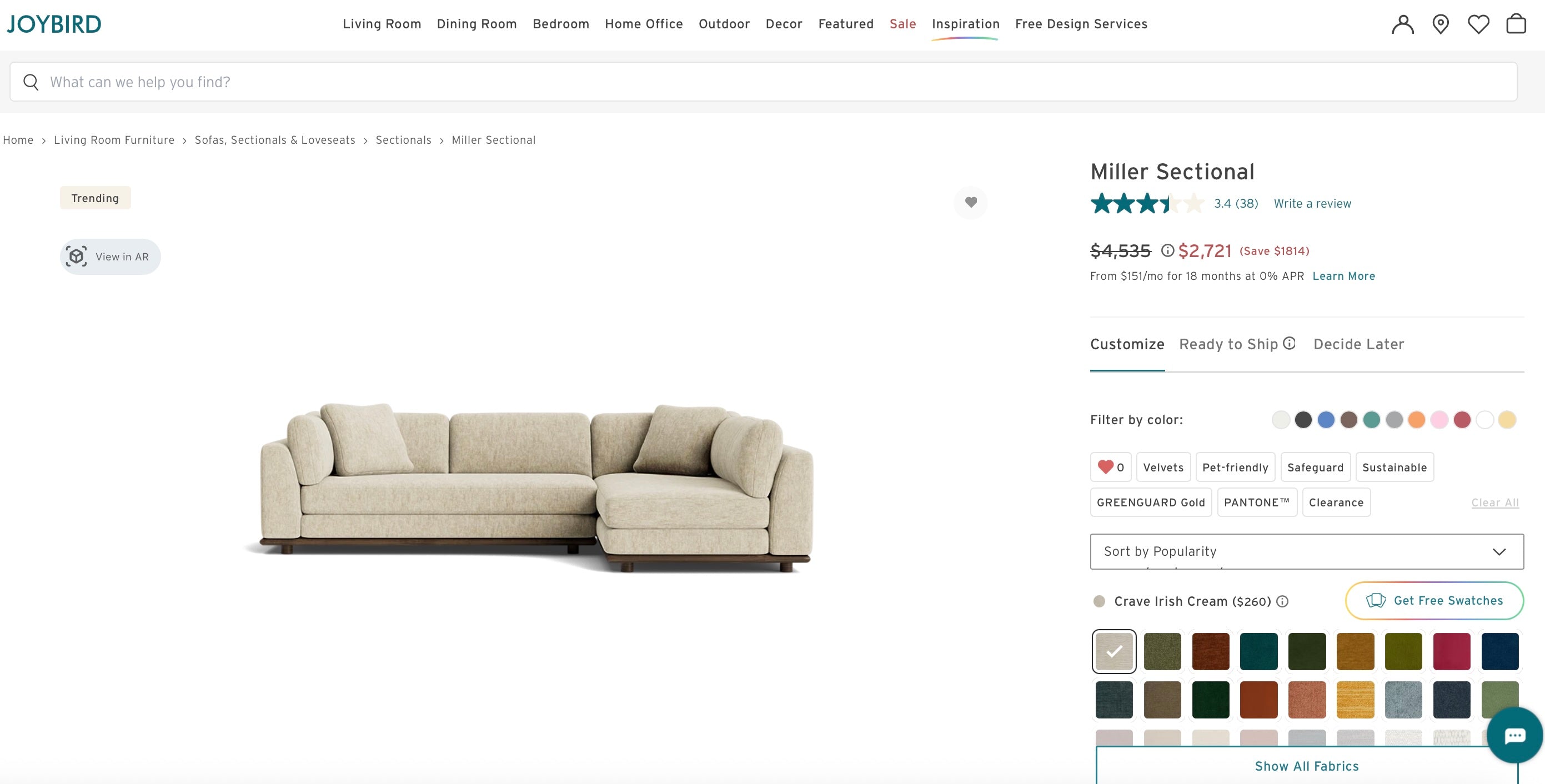 Joybird Miller 113” 2 Piece, L Shape Sectional in Crave Irish Cream