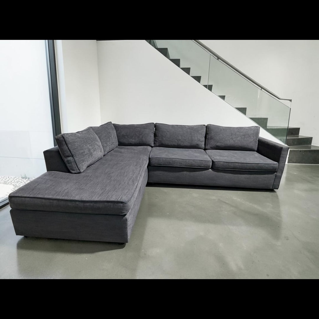 West Elm Harris 116” 2-Piece L Shape Bumper Chaise Sectional Sofa, Down Blend in Performance Basket Slub Pewter Gray