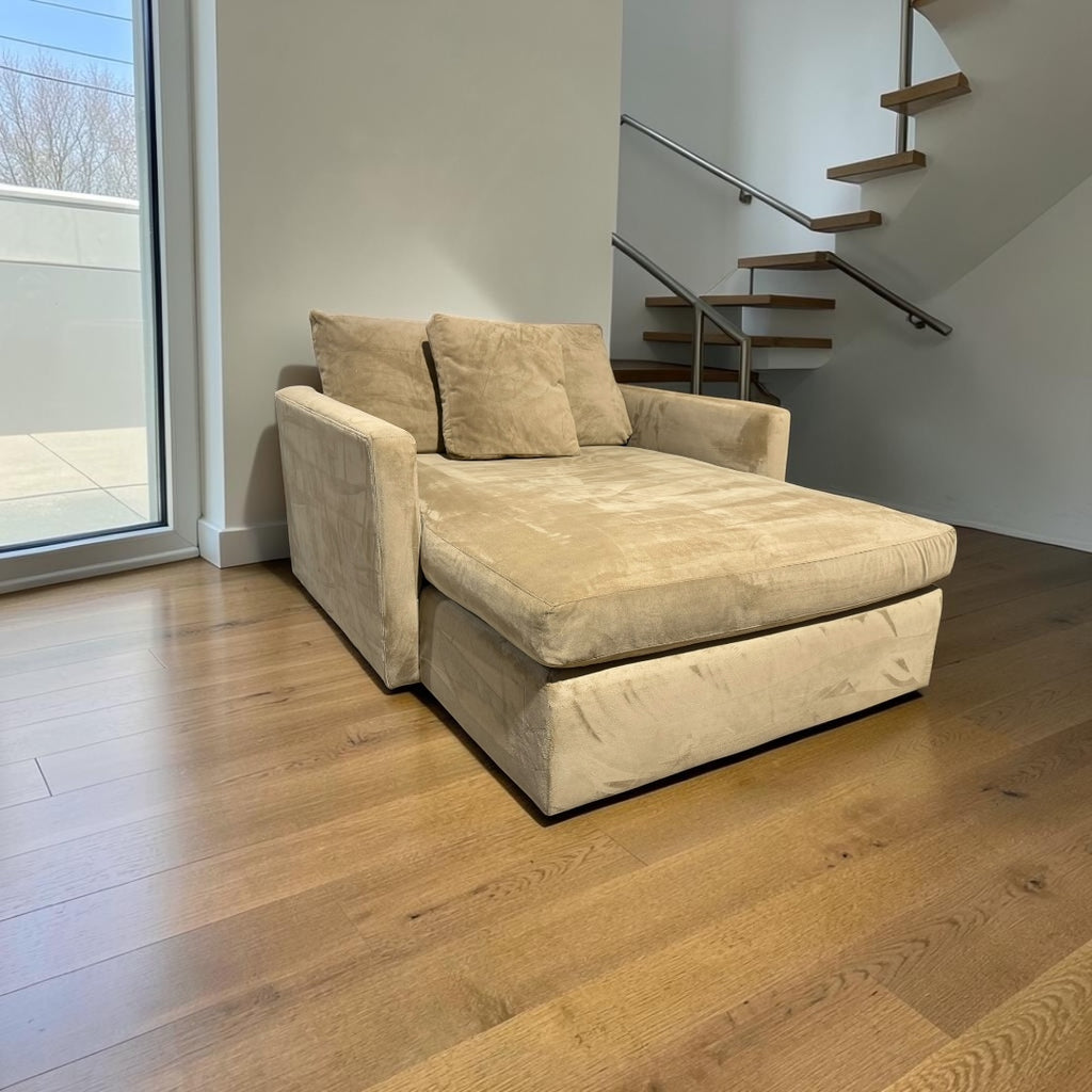 Crate & Barrel Lounge Deep Chaise Lounge, Down Blend in Camel Covet, Velvet