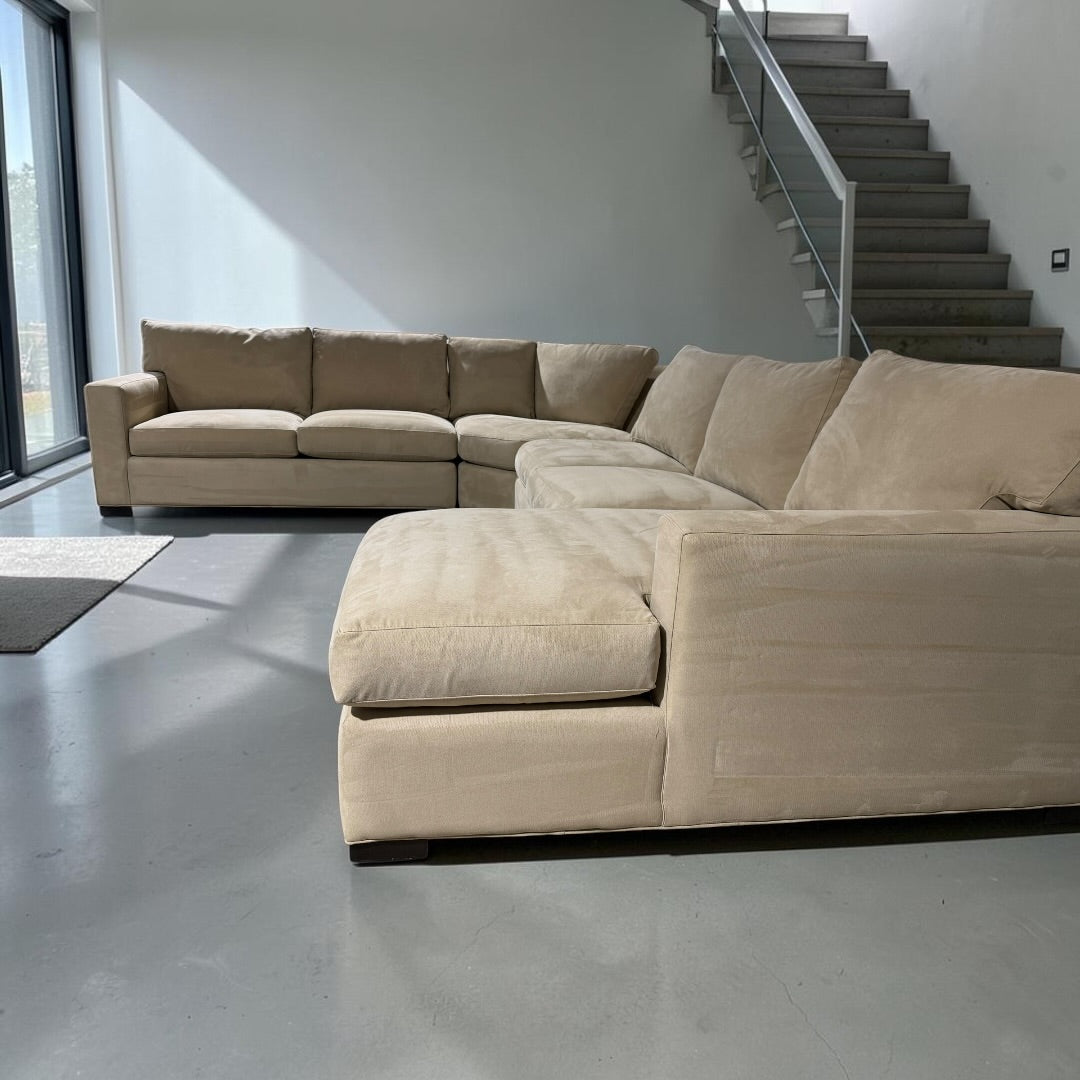 Crate & Barrel Axis 154” 4 Piece Wedge Sofa Chaise Sectional in Douglas Camel herringbone microfiber
