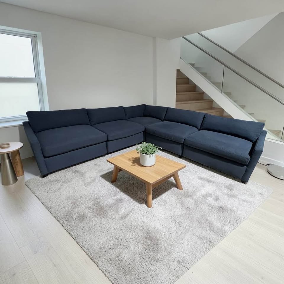 Uttermost Revelation Modular 5 Piece. L-Shape Sectional, Deep Seating with Down Blend Cushions in Ink Blue Chenille