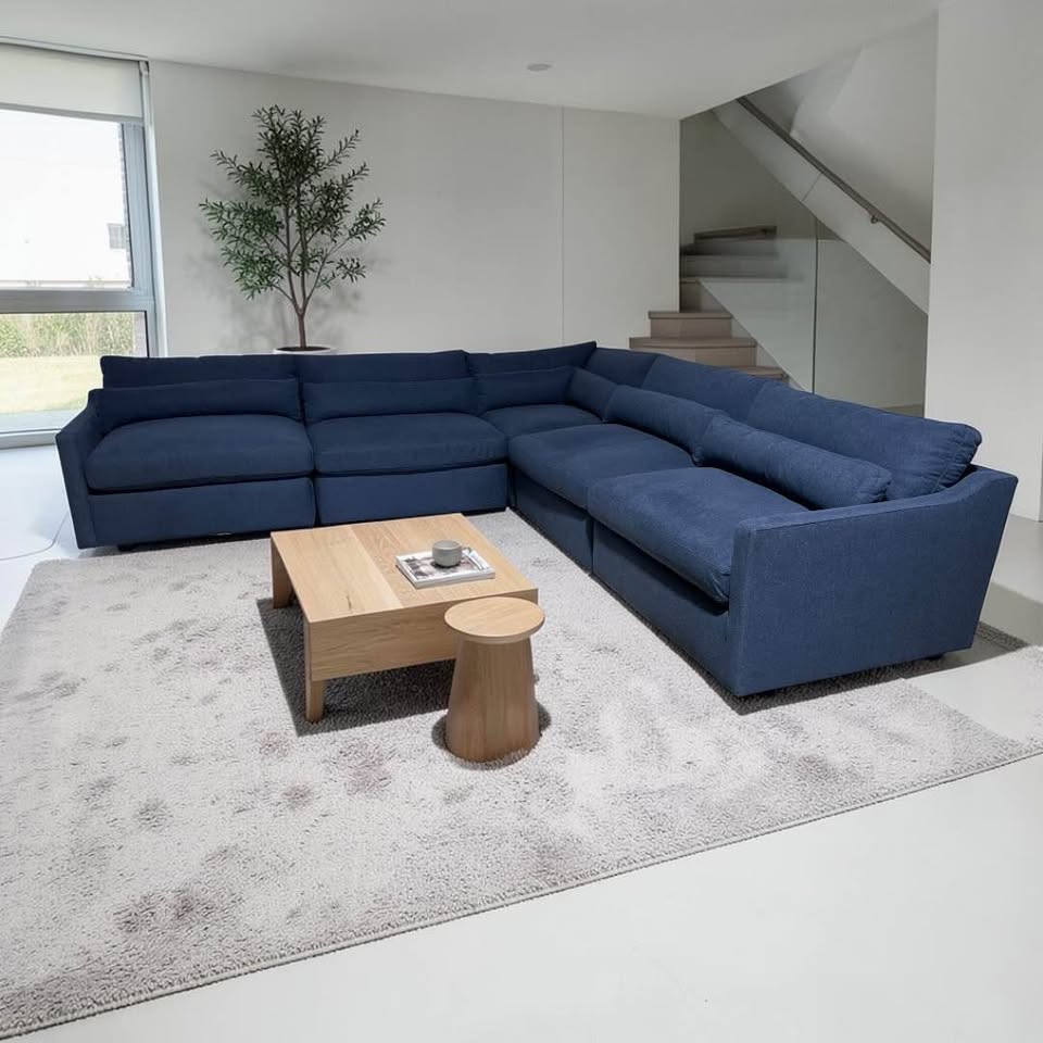 Uttermost Revelation Modular 5 Piece. L-Shape Sectional, Deep Seating with Down Blend Cushions in Ink Blue Chenille