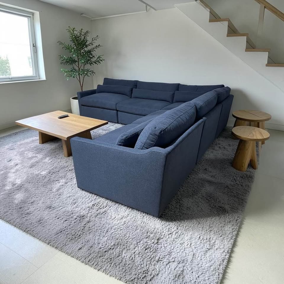 Uttermost Revelation Modular 5 Piece. L-Shape Sectional, Deep Seating with Down Blend Cushions in Ink Blue Chenille