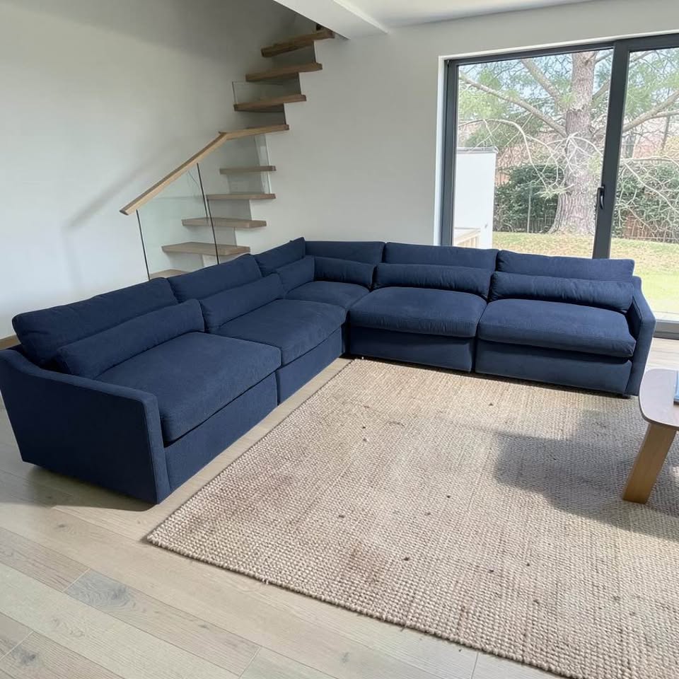 Uttermost Revelation Modular 5 Piece. L-Shape Sectional, Deep Seating with Down Blend Cushions in Ink Blue Chenille