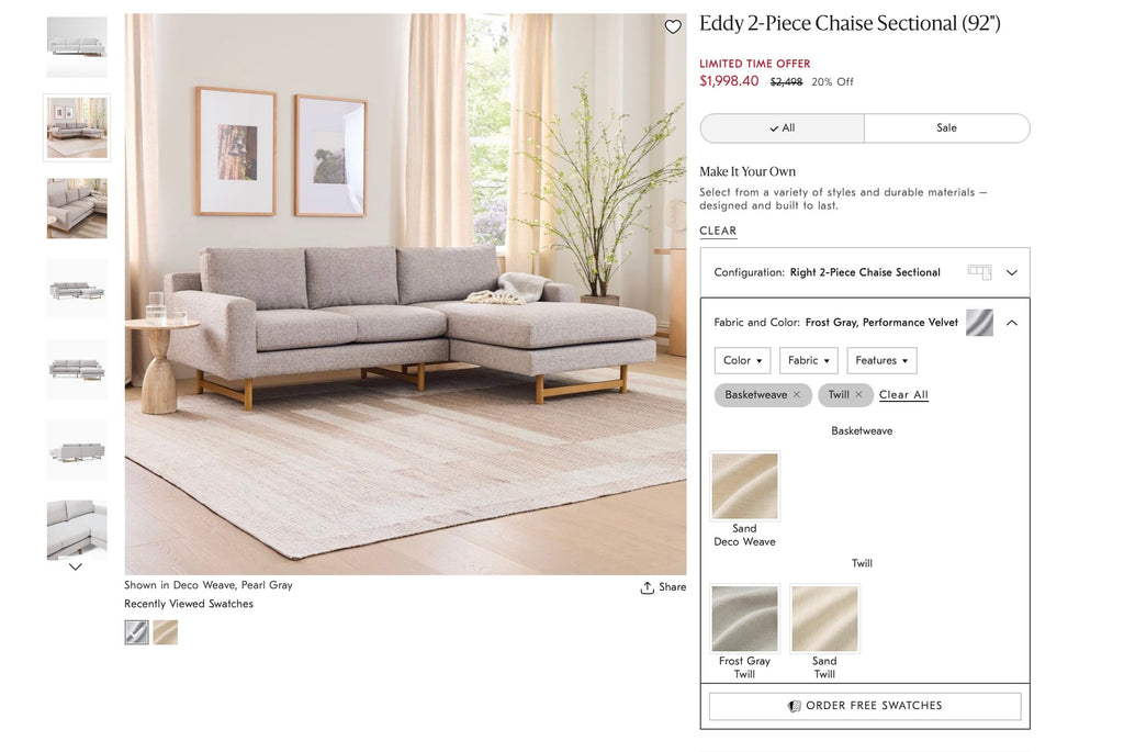 West Elm Eddy Reversible chaise (92”) 2-Piece Sofa Chaise Sectional in Pearl Gray Deco Weave