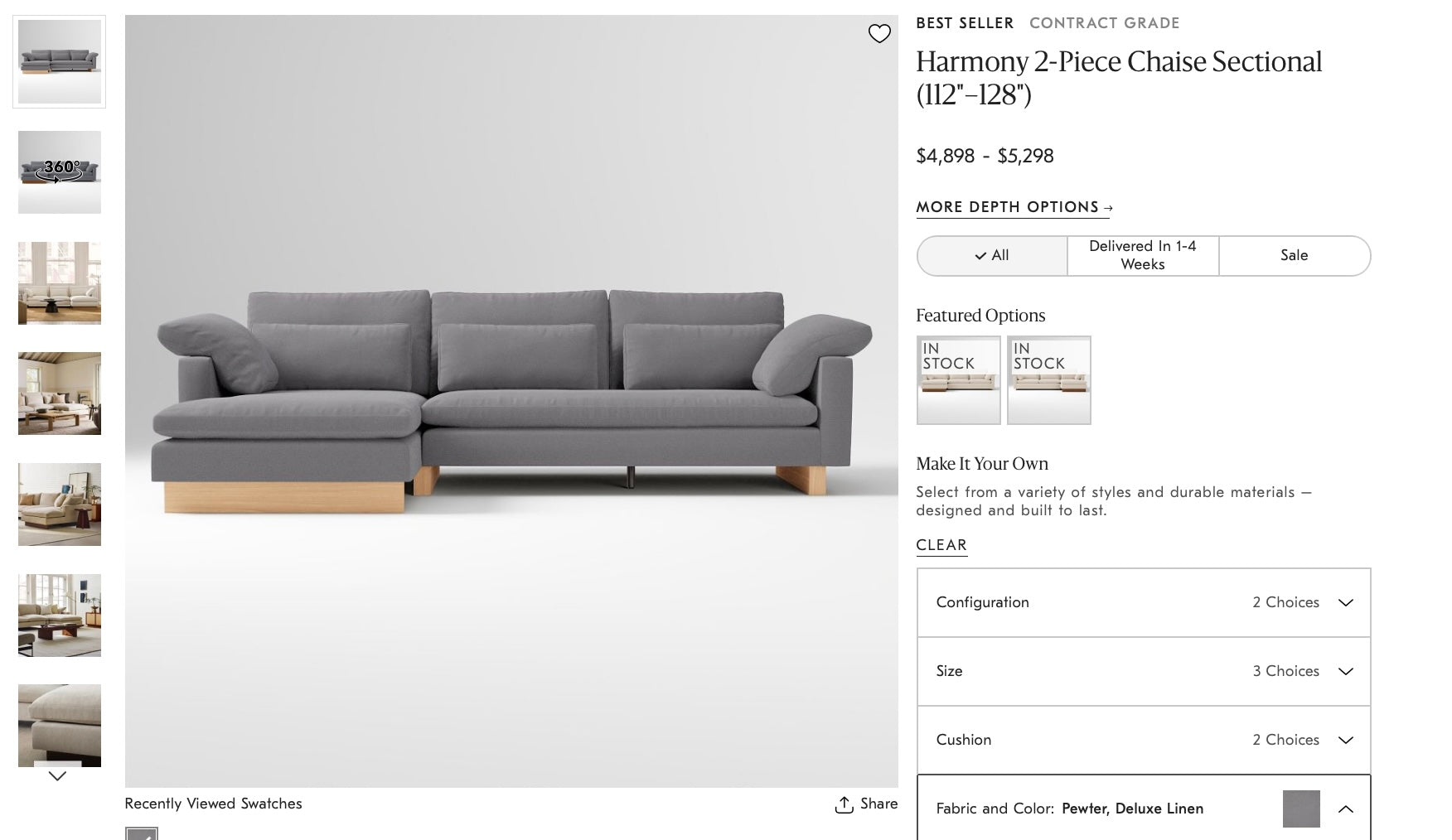 West Elm Harmony 117" Sofa Chaise Sectional in Heathered Gray
