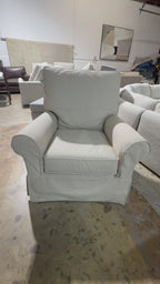 Crate & Barrel PB Comfort Roll Arm Slipcovered Swivel Rocking Chair in Ivory, Performance Chateau Basketweave