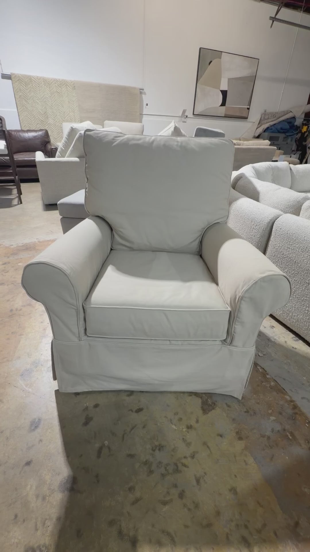 Crate & Barrel PB Comfort Roll Arm Slipcovered Swivel Rocking Chair in Ivory, Performance Chateau Basketweave