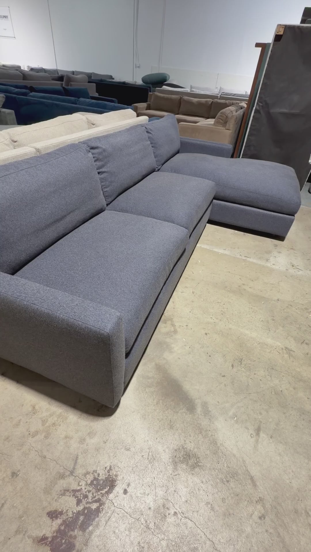 Room & Board Linger 116” 2 piece Sofa Chaise Sectional, Down Blend Cushions in Sumner Navy.