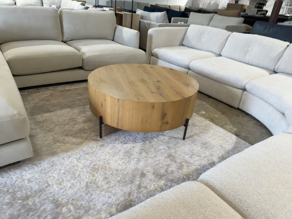 Four Hands Eaton Round Coffee Table in Light Oak Resin and Dark Gunmetal