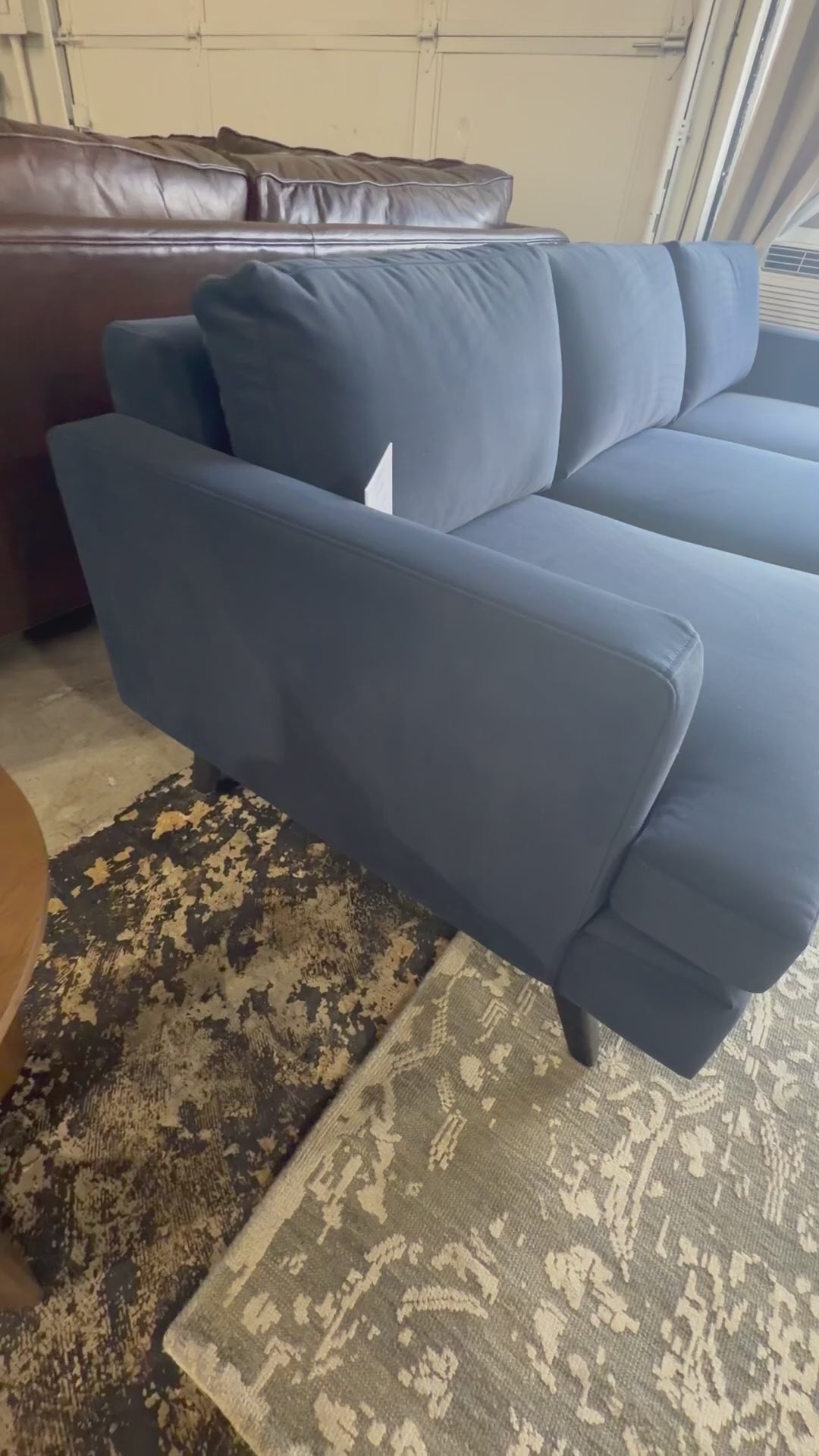 Albany Park Lido 86" Sofa in Navy performance velvet, Walnut feet