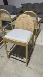 Lulu & Georgia 4 Counter Stools, White Oak w/ Rattan Back and White Linen Seats