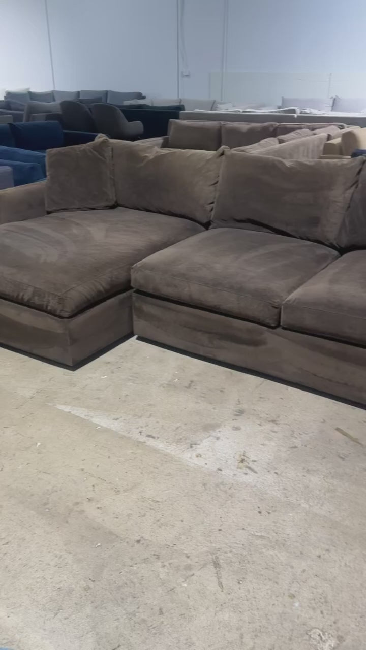 Crate & Barrel Lounge Deep 150” 3 Piece XL Deep Sofa Chaise Sectional in Velvet Microfiber Coffee