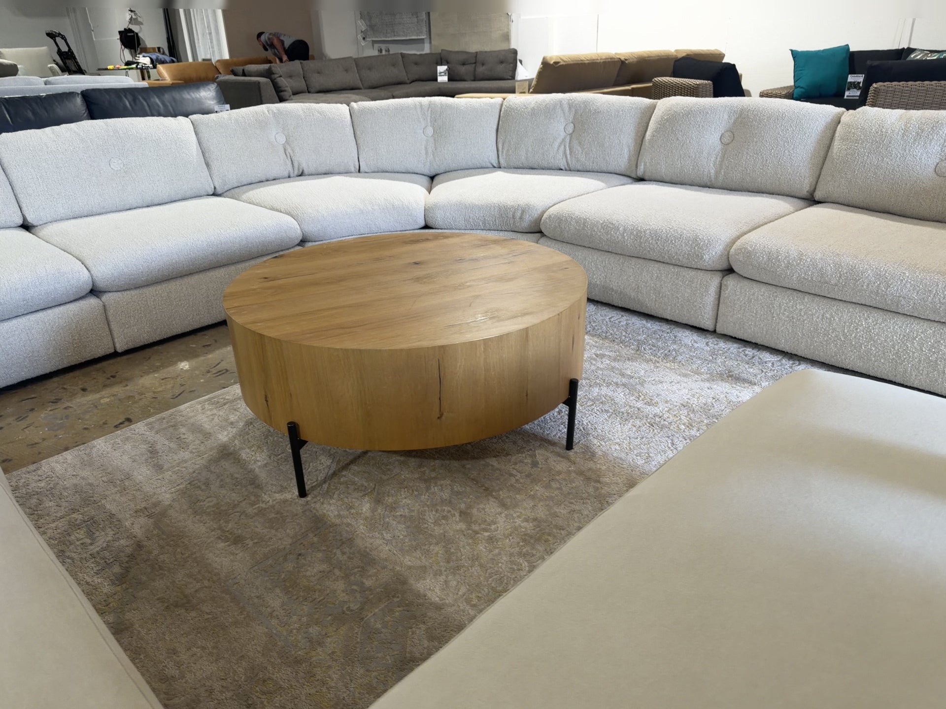 Four Hands Eaton Round Coffee Table in Light Oak Resin and Dark Gunmetal